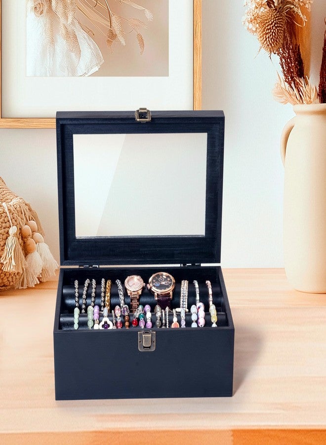 humberboat Wooden Bracelet Display Holder with Rods for Bangles & Watches - Black Jewelry Organizer Box with Clear Lid, Velvet Lined Storage Case for Women & Girls - Image 4