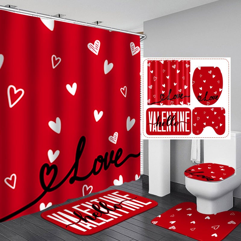 Drydiet 4 Pcs Valentine's Day Shower Curtain Set, Non Slip Rugs Toilet Lid Cover U Shape Bath Mat and 12 Hooks Love Heart Shape Red Bathroom Supplies for Valentines Accessories Decor Set - Image 1
