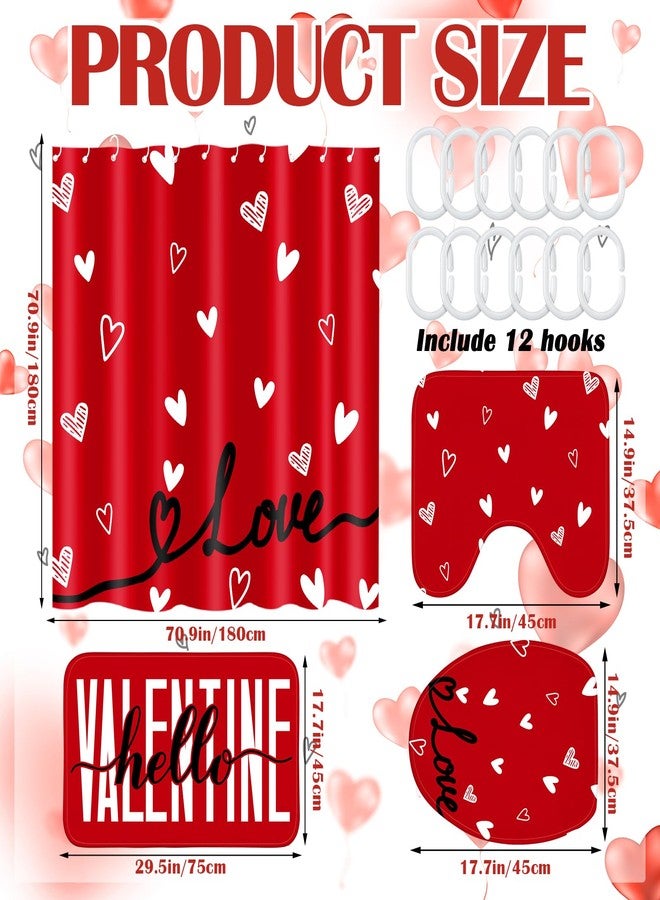 Drydiet 4 Pcs Valentine's Day Shower Curtain Set, Non Slip Rugs Toilet Lid Cover U Shape Bath Mat and 12 Hooks Love Heart Shape Red Bathroom Supplies for Valentines Accessories Decor Set - Image 2