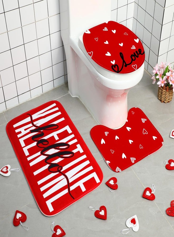 Drydiet 4 Pcs Valentine's Day Shower Curtain Set, Non Slip Rugs Toilet Lid Cover U Shape Bath Mat and 12 Hooks Love Heart Shape Red Bathroom Supplies for Valentines Accessories Decor Set - Image 3