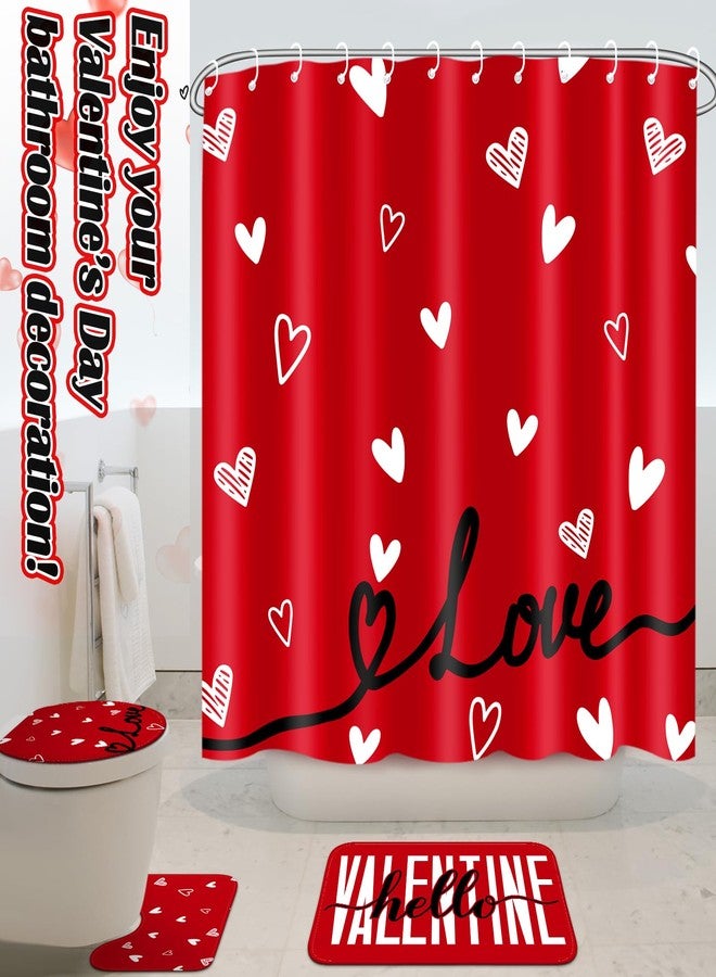 Drydiet 4 Pcs Valentine's Day Shower Curtain Set, Non Slip Rugs Toilet Lid Cover U Shape Bath Mat and 12 Hooks Love Heart Shape Red Bathroom Supplies for Valentines Accessories Decor Set - Image 4