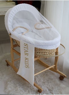 StarKids Baby Moses Basket Cradle With Rocking Stand, White  - Image 3