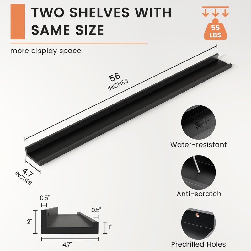 FLYJOE Picture Ledge Shelf, Floating Shelves Set of 2, 56 Inches Long Large Nursery Book Shelves for Toys Storage, Kids Bookshelf Wall Mounted for Living Room Bedroom Decor Books Photo Frames, Black - Image 3
