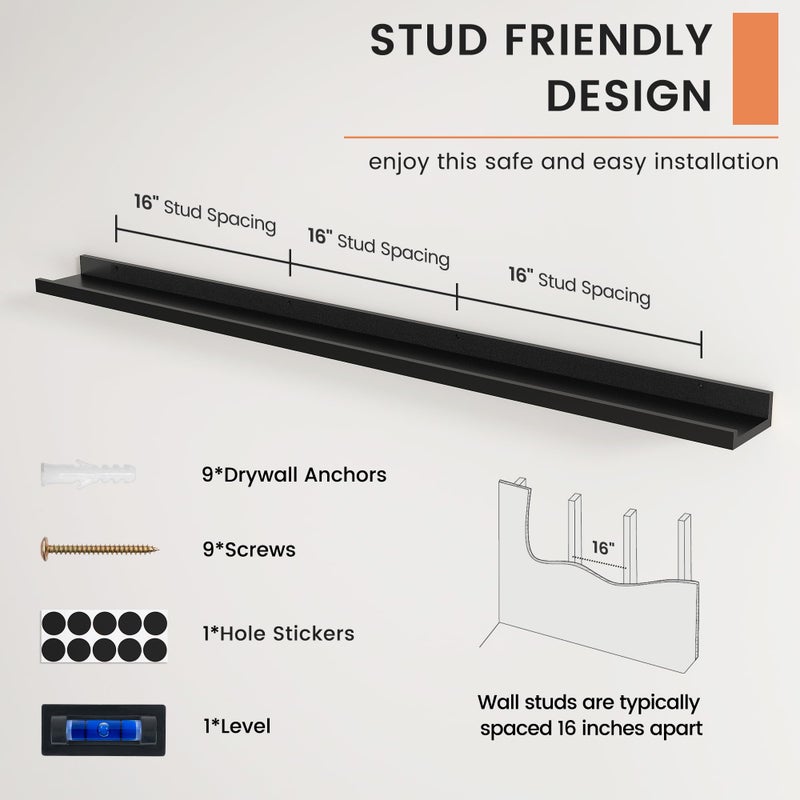 FLYJOE Picture Ledge Shelf, Floating Shelves Set of 2, 56 Inches Long Large Nursery Book Shelves for Toys Storage, Kids Bookshelf Wall Mounted for Living Room Bedroom Decor Books Photo Frames, Black - Image 5