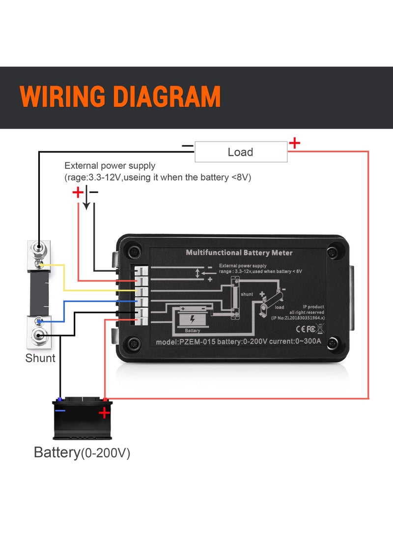 DC 9 in 1 Battery Monitor Meter with Shunt, 0-200V 0-100A LCD Display Digital Current Voltage Power Energy Meter, Easy Installation Multimeter Voltmeter Ammeter for Cars RV Solar System - Image 4