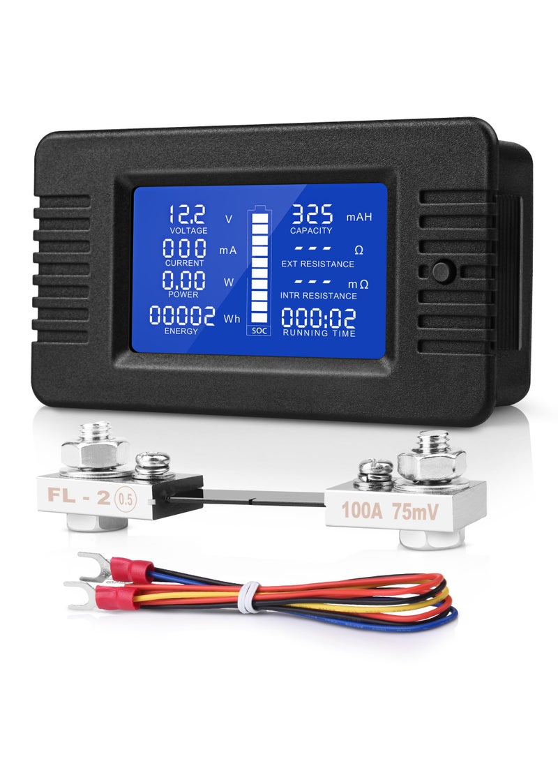 DC 9 in 1 Battery Monitor Meter with Shunt, 0-200V 0-100A LCD Display Digital Current Voltage Power Energy Meter, Easy Installation Multimeter Voltmeter Ammeter for Cars RV Solar System - Image 1