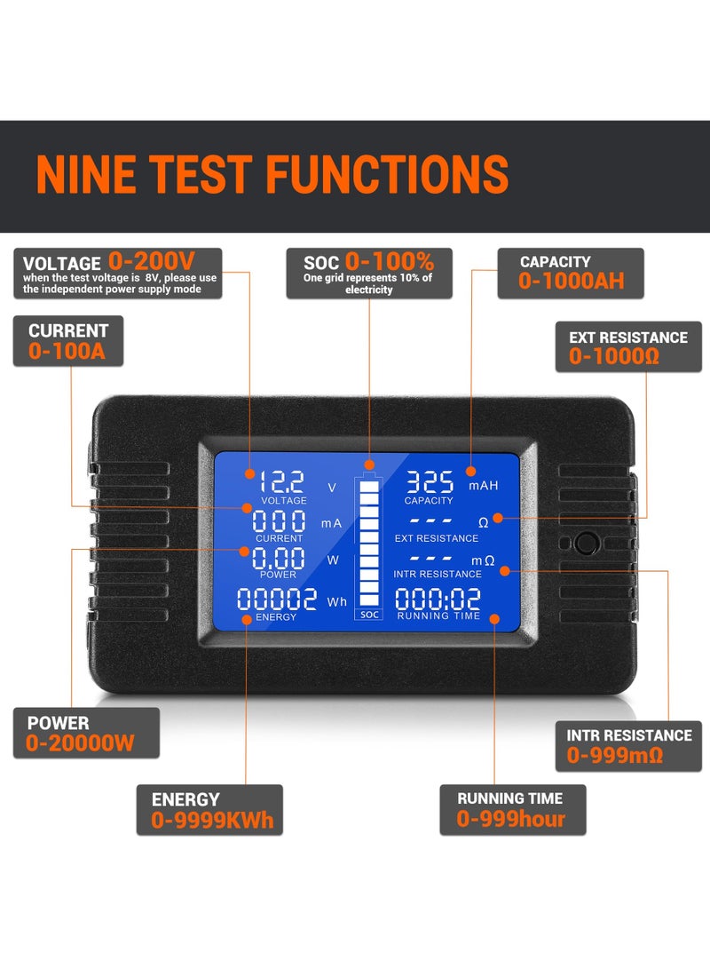 DC 9 in 1 Battery Monitor Meter with Shunt, 0-200V 0-100A LCD Display Digital Current Voltage Power Energy Meter, Easy Installation Multimeter Voltmeter Ammeter for Cars RV Solar System - Image 2