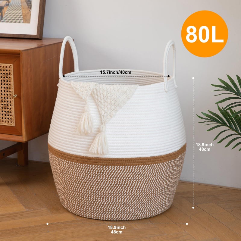 OIAHOMY 80L Blanket Basket with Handle, Storage Basket for Living Room, Laundry Hamper for Clothes, Towels, Pillows, Toy Storage for Kids and Dogs, Baby Hamper for Nursery - Brown & White - Image 2