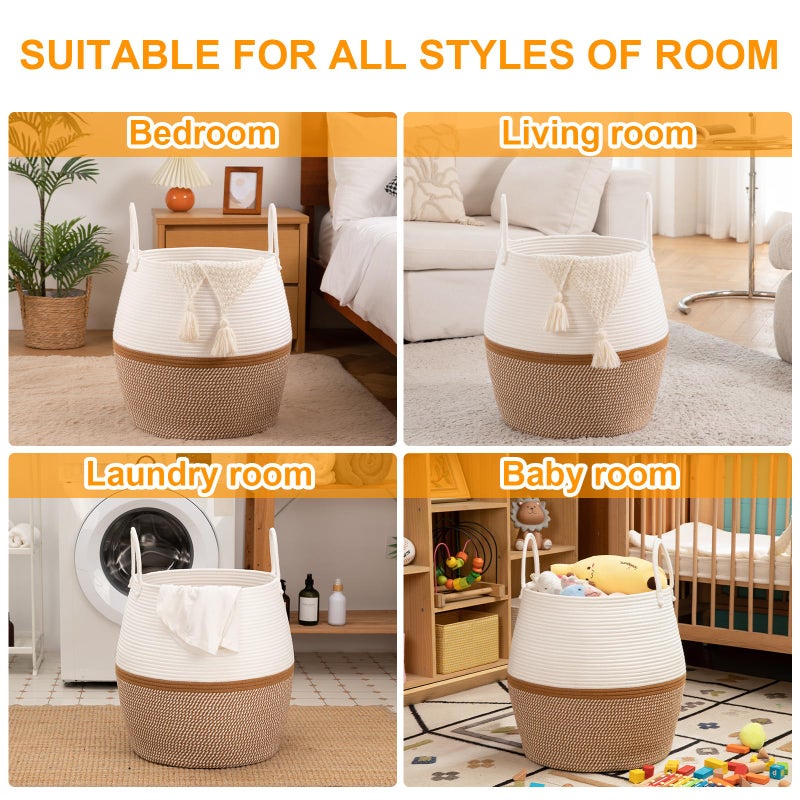 OIAHOMY 80L Blanket Basket with Handle, Storage Basket for Living Room, Laundry Hamper for Clothes, Towels, Pillows, Toy Storage for Kids and Dogs, Baby Hamper for Nursery - Brown & White - Image 4