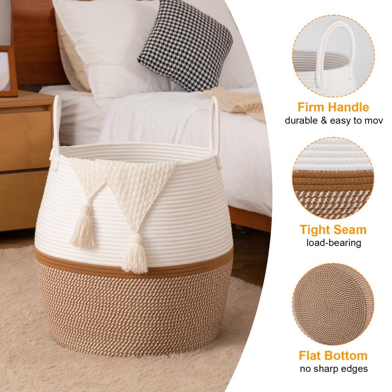 OIAHOMY 80L Blanket Basket with Handle, Storage Basket for Living Room, Laundry Hamper for Clothes, Towels, Pillows, Toy Storage for Kids and Dogs, Baby Hamper for Nursery - Brown & White - Image 3