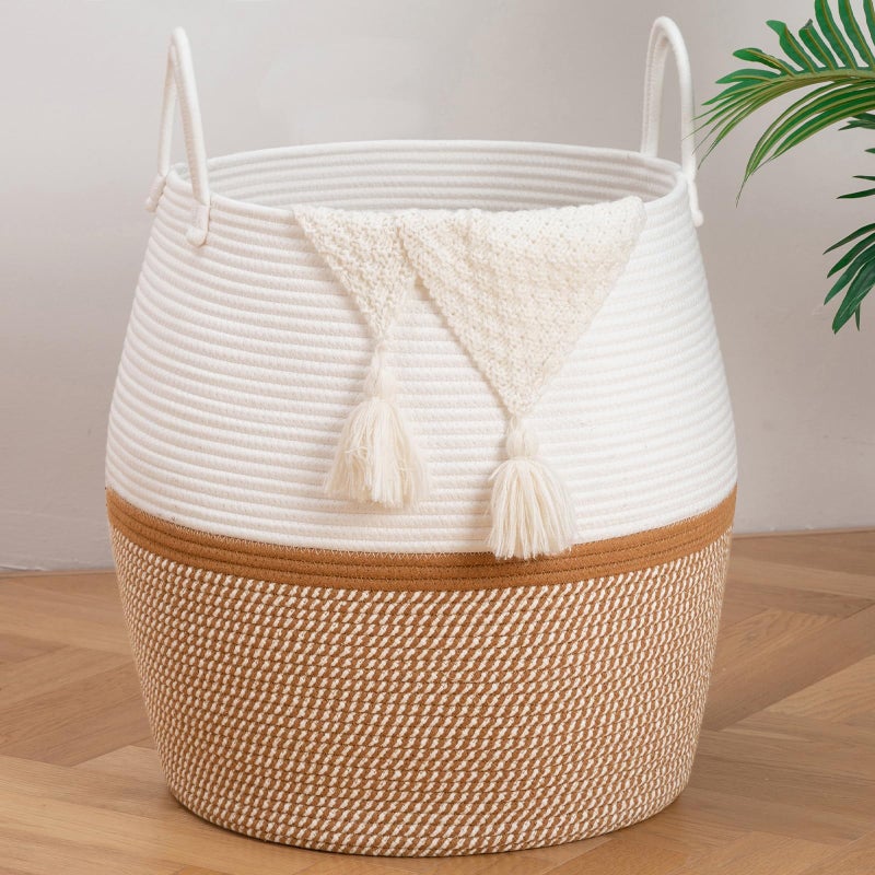 OIAHOMY 80L Blanket Basket with Handle, Storage Basket for Living Room, Laundry Hamper for Clothes, Towels, Pillows, Toy Storage for Kids and Dogs, Baby Hamper for Nursery - Brown & White - Image 1