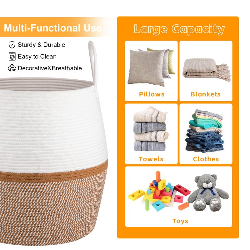 OIAHOMY 80L Blanket Basket with Handle, Storage Basket for Living Room, Laundry Hamper for Clothes, Towels, Pillows, Toy Storage for Kids and Dogs, Baby Hamper for Nursery - Brown & White - Image 5