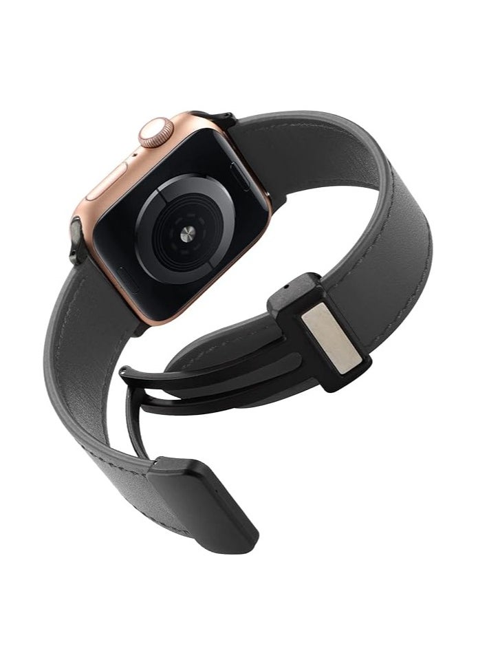 ten.tech - TenTech Leather Watch Band for Apple Watch Ultra/Ultra 2, Size 49mm 45mm 44mm 42, Genuine Leather Band with Magnetic Clasp for iWatch Series 9/8/7/6/5/4/3/2/1/ SE – Dark gray - Image 1