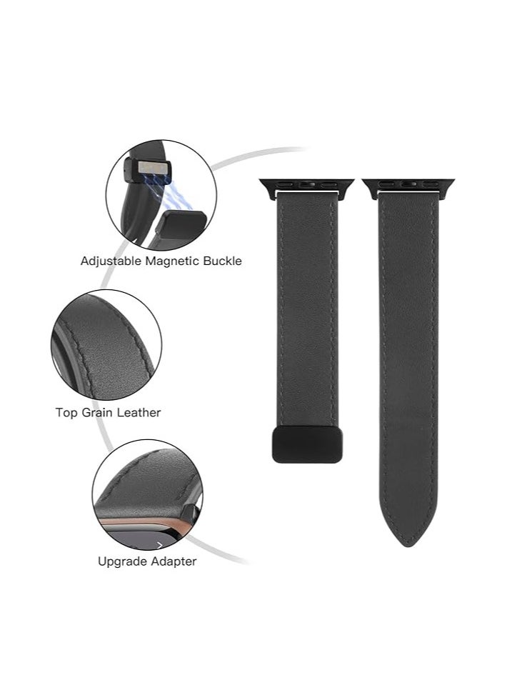 ten.tech - TenTech Leather Watch Band for Apple Watch Ultra/Ultra 2, Size 49mm 45mm 44mm 42, Genuine Leather Band with Magnetic Clasp for iWatch Series 9/8/7/6/5/4/3/2/1/ SE – Dark gray - Image 1