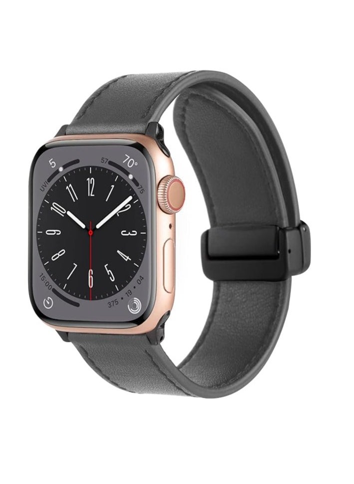 ten.tech - TenTech Leather Watch Band for Apple Watch Ultra/Ultra 2, Size 49mm 45mm 44mm 42, Genuine Leather Band with Magnetic Clasp for iWatch Series 9/8/7/6/5/4/3/2/1/ SE – Dark gray - Image 1
