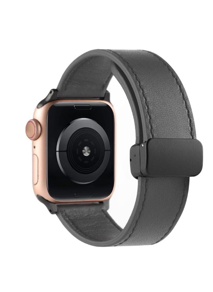 ten.tech - TenTech Leather Watch Band for Apple Watch Ultra/Ultra 2, Size 49mm 45mm 44mm 42, Genuine Leather Band with Magnetic Clasp for iWatch Series 9/8/7/6/5/4/3/2/1/ SE – Dark gray - Image 1