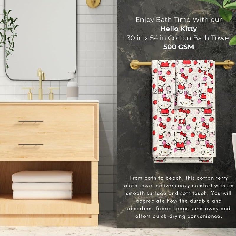 Franco Hello Kitty Oversized Bath Towel â€“ 100% Cotton Super Soft & Abosrbent - Strawberry Print â€“ 30â€ x 54â€ (Officially Licensed Product) by Franco - Image 2