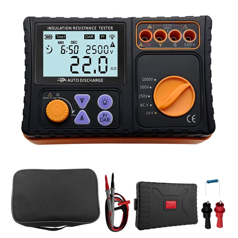 Digital Insulation Resistance Tester: Orange, 250V 500V 1000V Selectable Test Voltages - Backlit LCD Display, Compact Portable Design for Electrical System Testing in Laboratory Field Settings - Image 1