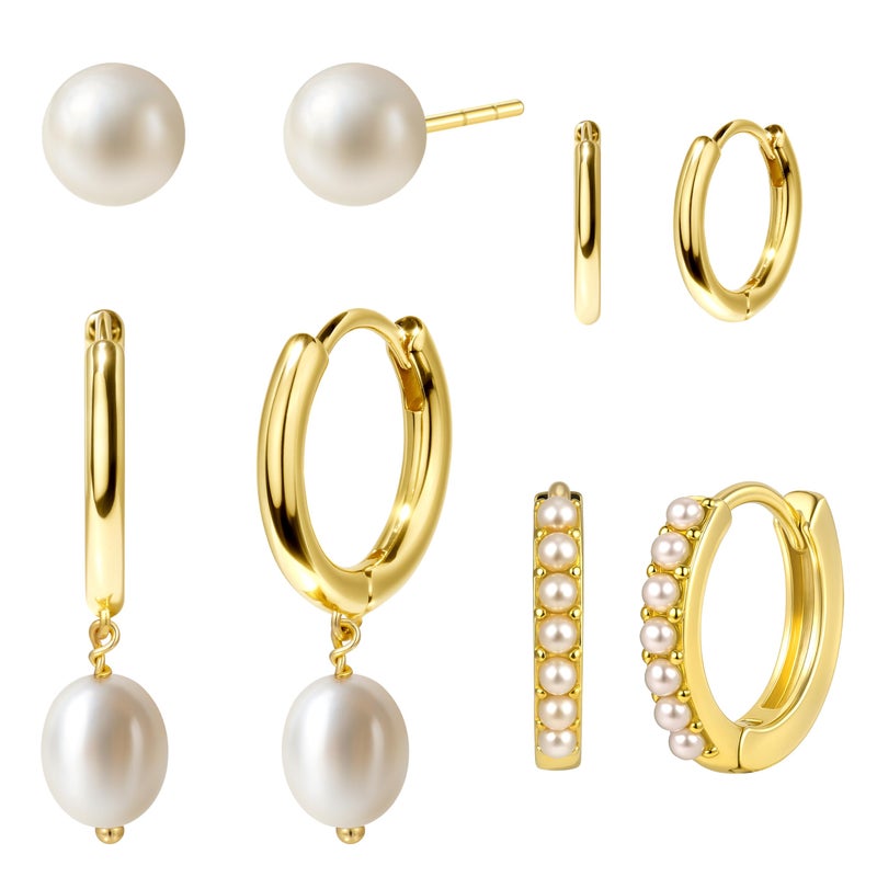 Poxtex Gold Pearl Earrings for Women,Huggie Small Stack Cartilage Stud Hoop Earring Sets for Multiple Double Piercing, Conch Helix Rook Tragus Daith Piercing Gold Clip On Jewelry Set Gifts - Image 1