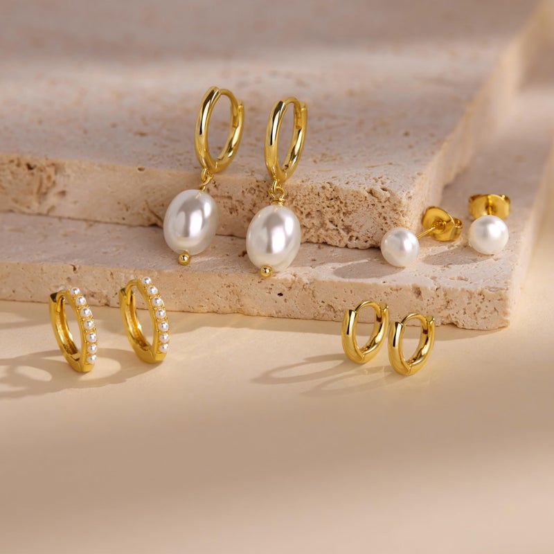 Poxtex Gold Pearl Earrings for Women,Huggie Small Stack Cartilage Stud Hoop Earring Sets for Multiple Double Piercing, Conch Helix Rook Tragus Daith Piercing Gold Clip On Jewelry Set Gifts - Image 5