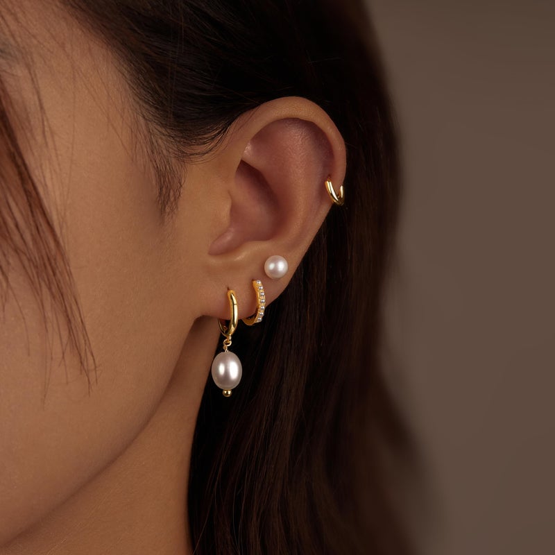 Poxtex Gold Pearl Earrings for Women,Huggie Small Stack Cartilage Stud Hoop Earring Sets for Multiple Double Piercing, Conch Helix Rook Tragus Daith Piercing Gold Clip On Jewelry Set Gifts - Image 3