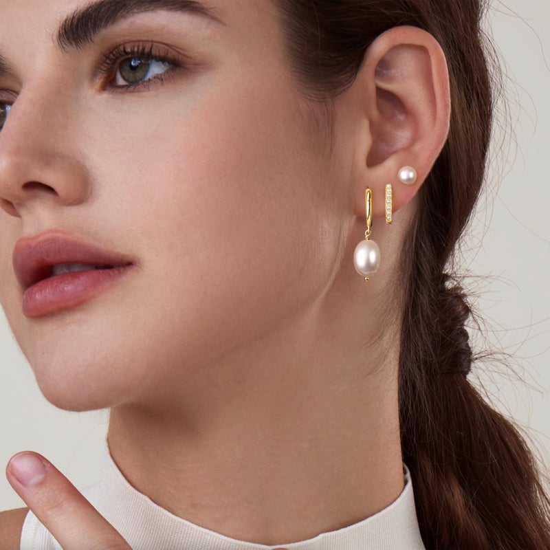 Poxtex Gold Pearl Earrings for Women,Huggie Small Stack Cartilage Stud Hoop Earring Sets for Multiple Double Piercing, Conch Helix Rook Tragus Daith Piercing Gold Clip On Jewelry Set Gifts - Image 2