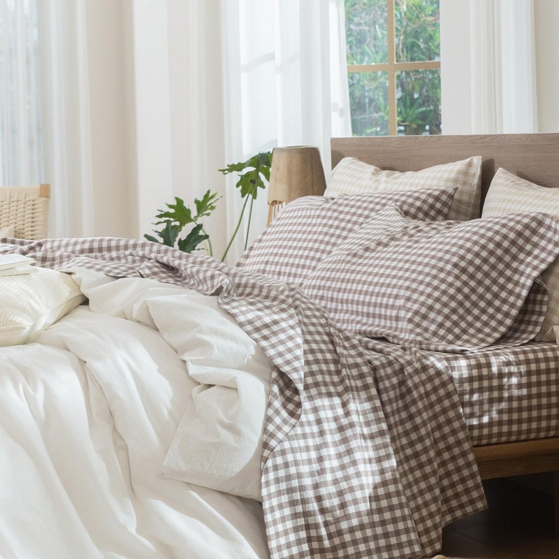 MooMee Gingham Sheet Set 100% Washed Cotton Linen Like Textured Breathable Soft w/Fully Elasticized 16-19" Deep Pocket (Classic Gingham Brown, King) - Image 1