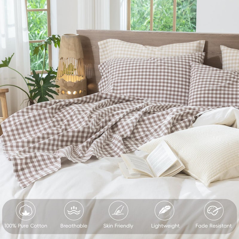 MooMee Gingham Sheet Set 100% Washed Cotton Linen Like Textured Breathable Soft w/Fully Elasticized 16-19" Deep Pocket (Classic Gingham Brown, King) - Image 4