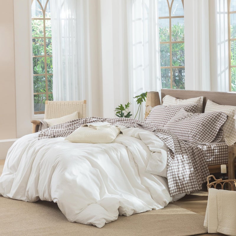 MooMee Gingham Sheet Set 100% Washed Cotton Linen Like Textured Breathable Soft w/Fully Elasticized 16-19" Deep Pocket (Classic Gingham Brown, King) - Image 3