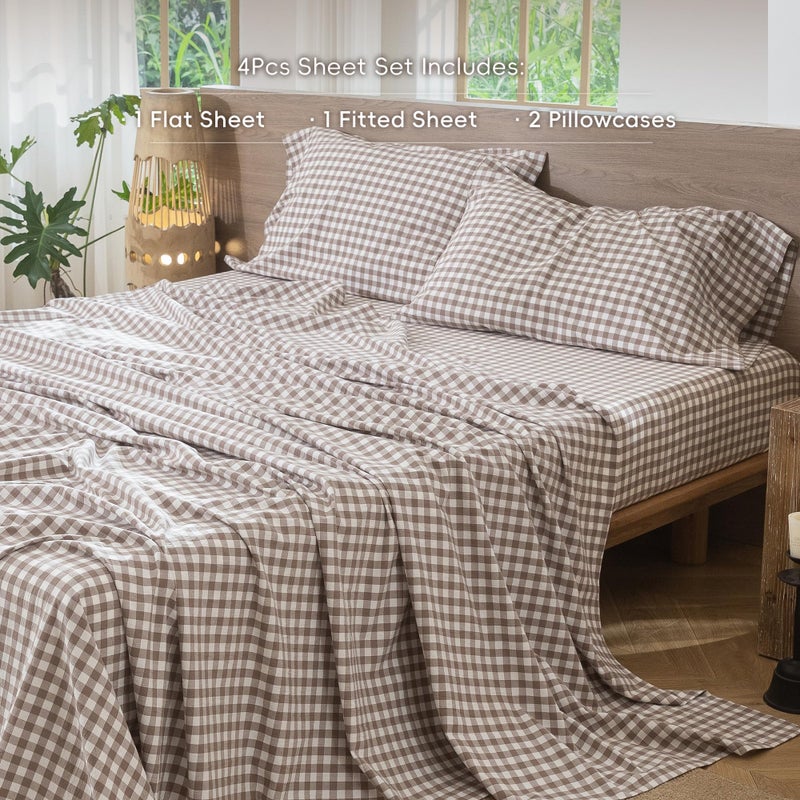 MooMee Gingham Sheet Set 100% Washed Cotton Linen Like Textured Breathable Soft w/Fully Elasticized 16-19" Deep Pocket (Classic Gingham Brown, King) - Image 2