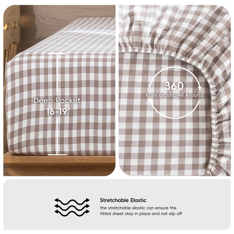 MooMee Gingham Sheet Set 100% Washed Cotton Linen Like Textured Breathable Soft w/Fully Elasticized 16-19" Deep Pocket (Classic Gingham Brown, King) - Image 5