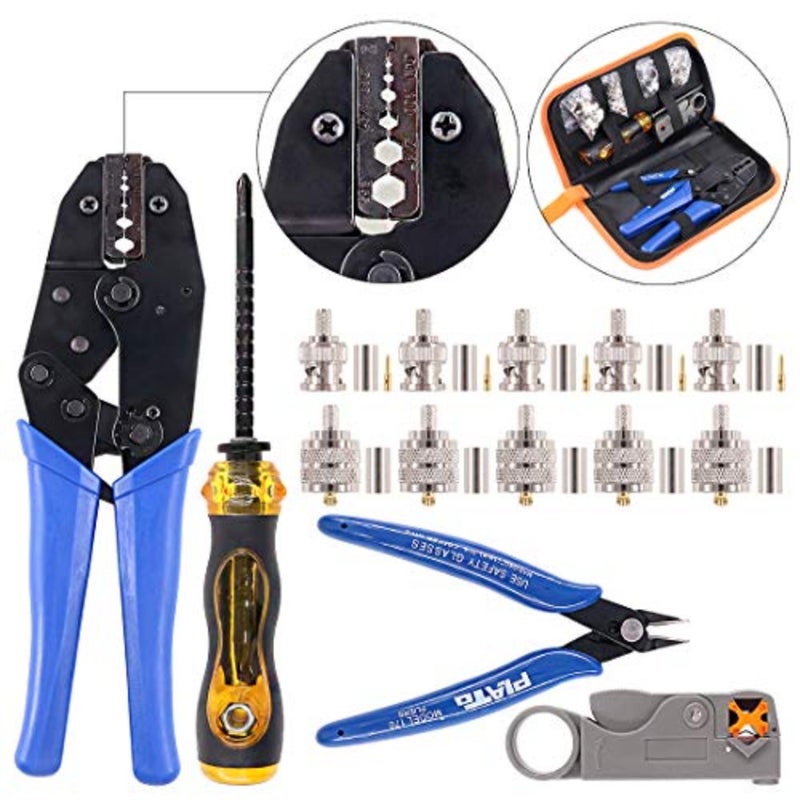 14Pcs Professional Coaxial Cable Tool Kit, Ratcheting Wire Terminal Coaxial Cable Tool Kit with 1Pcs Cable Stripper and 10pcs 50 Ohm BNC Crimp Male/Straight Connectors for Coax Connectors - Image 1