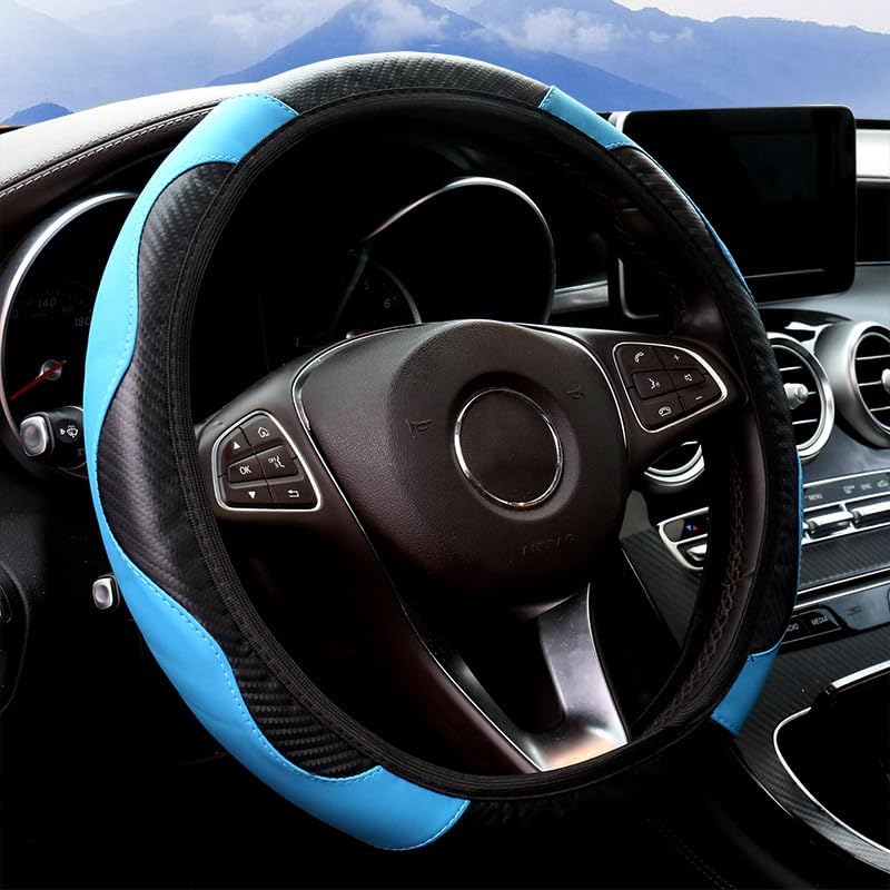 Home-X Blue Carbon Fiber Steering Wheel Cover - 38 cm/15 inch Universal Fit Leather Protector - Image 1