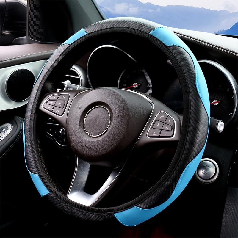 Home-X Blue Carbon Fiber Steering Wheel Cover - 38 cm/15 inch Universal Fit Leather Protector - Image 4