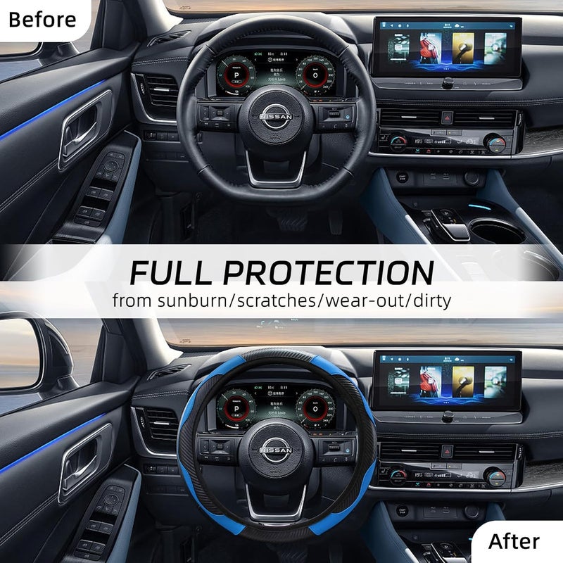 Home-X Blue Carbon Fiber Steering Wheel Cover - 38 cm/15 inch Universal Fit Leather Protector - Image 2