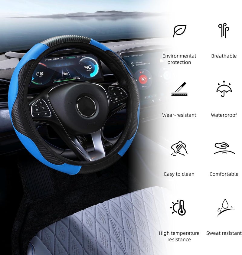 Home-X Blue Carbon Fiber Steering Wheel Cover - 38 cm/15 inch Universal Fit Leather Protector - Image 5