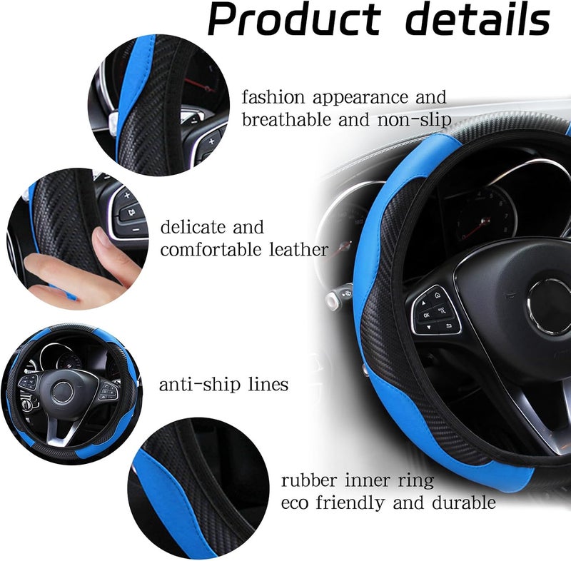 Home-X Blue Carbon Fiber Steering Wheel Cover - 38 cm/15 inch Universal Fit Leather Protector - Image 3