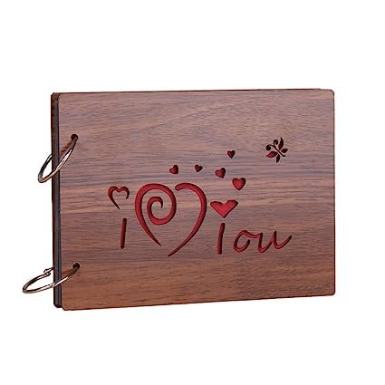 Snoogg Wooden Front and Back cover Scrapbook With 60 Black Page photo Album Rectangle 10x6 inch with design Cutouts OF of I Love You on wood cover for Memories,Hapiness,Love, Anniversary and more - Image 1