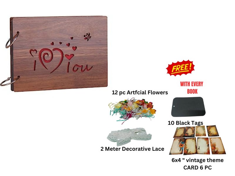 Snoogg Wooden Front and Back cover Scrapbook With 60 Black Page photo Album Rectangle 10x6 inch with design Cutouts OF of I Love You on wood cover for Memories,Hapiness,Love, Anniversary and more - Image 2