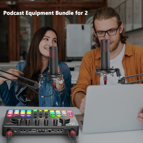 Hayner-Seek Podcast Equipment Bundle for 2, Audio Interface DJ Mixer with 48V XLR Condenser Microphone, RGB,Voice Change, for Streaming, Podcast Recording,Tiktok,PC, Smartphone COMMANDER M100 3rd - Image 2