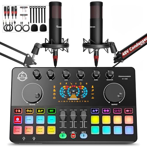 Hayner-Seek Podcast Equipment Bundle for 2, Audio Interface DJ Mixer with 48V XLR Condenser Microphone, RGB,Voice Change, for Streaming, Podcast Recording,Tiktok,PC, Smartphone COMMANDER M100 3rd - Image 1