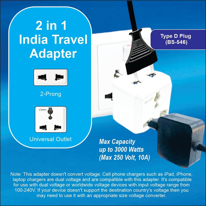 EMBOX محول عالمي 2 دبوس متعدد المآخذ نوع D متوافق مع الولايات المتحدة والمملكة المتحدة والصين، مقبس تمديد مدمج ومحول للكمبيوتر المحمول والهاتف والكاميرا، 6A عبوة من 6 - Image 3