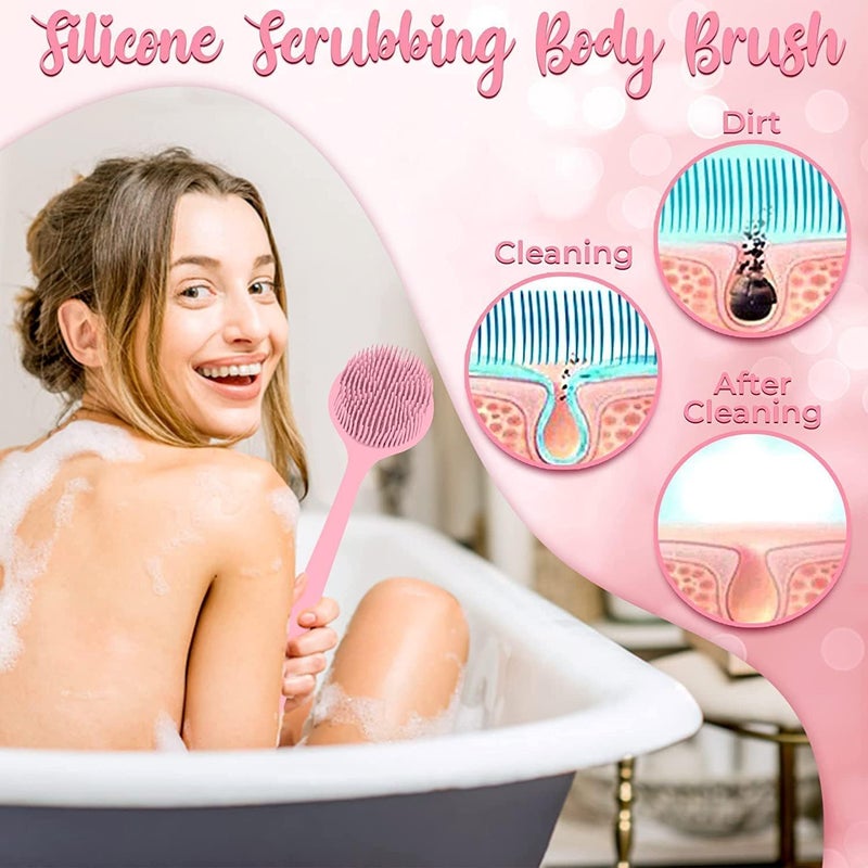 ZENOP Bathing Brush Practical Back Cleansing Scrubber SILICONE Body Double Sided Long Handle Anti-Slip Shower Body Brush (Silicone Pink) - Image 5
