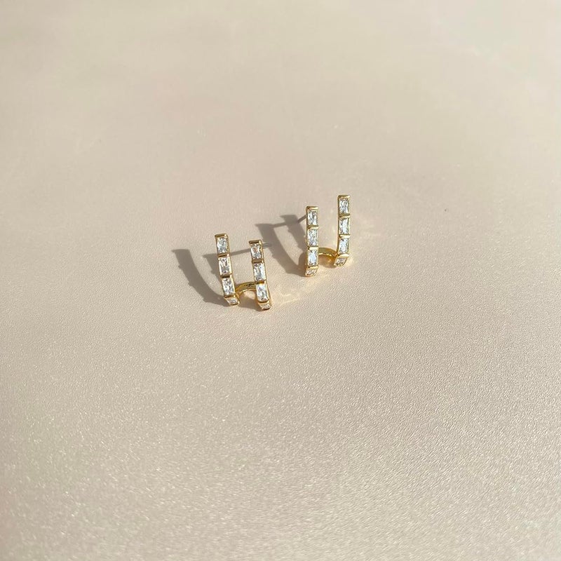 Obidos Double Faux Diamond Baguette Illusion Mini Huggie Earrings | 14K Gold Plated Huggie Small Hoop Earrings for Women | Boho Simple Hypoallergenic Earrings - Image 4