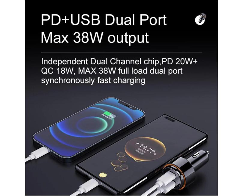 Car Charger: Dual Port 38W Fast Charging - PD 20W QC3.0 With Overheating Protection, USB-C Charger for 12V 24V Vehicles, Mobile Devices, Tablets & Switches - Image 2