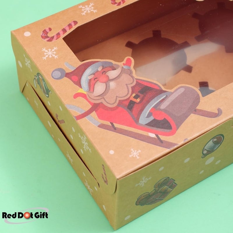 ريد دوت جيفت REDDOTGIFT – علبة كب كيك ورقية لعيد الميلاد مكونة من 12 قطعة، تحتوي على 6 فتحات لكل كب كيك؛ علبة هدايا مزودة بحاويات للكب كيك وأدوات لنقل الكعكات من المخبز، مناسبة لمتاجر الحلويات المنزلية. - Image 4
