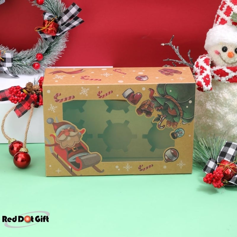 ريد دوت جيفت REDDOTGIFT – علبة كب كيك ورقية لعيد الميلاد مكونة من 12 قطعة، تحتوي على 6 فتحات لكل كب كيك؛ علبة هدايا مزودة بحاويات للكب كيك وأدوات لنقل الكعكات من المخبز، مناسبة لمتاجر الحلويات المنزلية. - Image 2