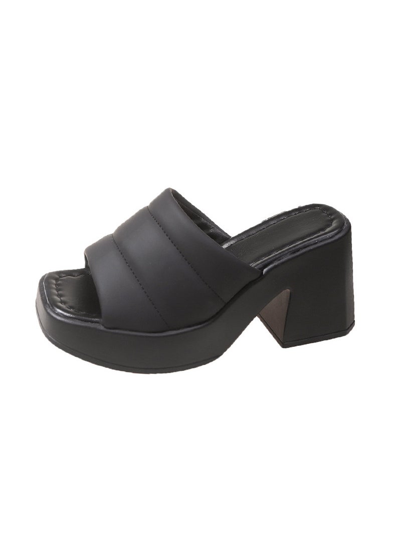 Generic - Plus Size Womens Slippers Summer New Style One-Row Square Head Thick Heel High Top Lightweight Casual Shoes From China Black - Image 1