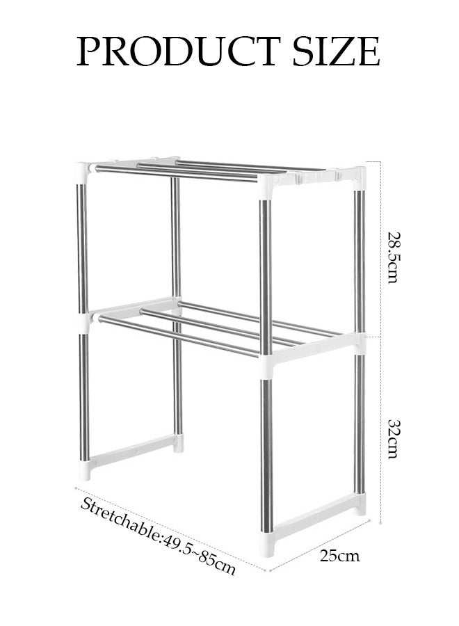 DUNISO Double-Layer White Stainless Steel Microwave Oven Rack, Multi-Functional Thickened Telescopic Storage Rack, Storage Rack, Desktop Storage Rack, Suitable For Kitchens, Study Rooms, Bedrooms, Food Storage Rooms, Etc.  - Image 2