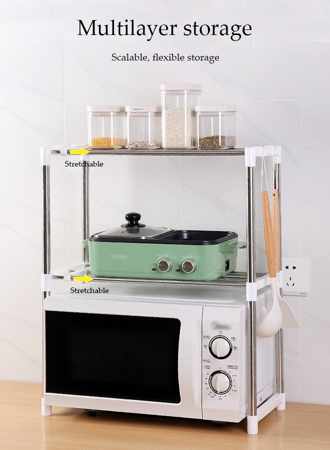 DUNISO Double-Layer White Stainless Steel Microwave Oven Rack, Multi-Functional Thickened Telescopic Storage Rack, Storage Rack, Desktop Storage Rack, Suitable For Kitchens, Study Rooms, Bedrooms, Food Storage Rooms, Etc.  - Image 3